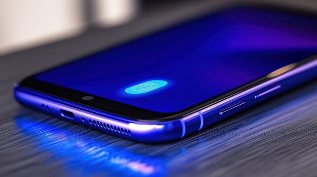 A blue cell phone with a fingerprint sensor on the screen. The phone is sitting on a wooden table