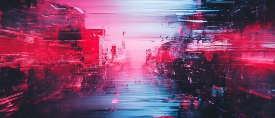 Glitch aesthetic artwork featuring vibrant colors and fragmented digital distortions in urban landscape