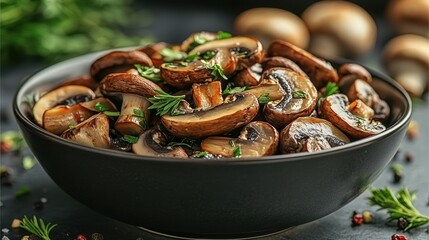 Fototapeta premium A bowl of mushrooms with parsley on top. The mushrooms are cooked and are in a black bowl