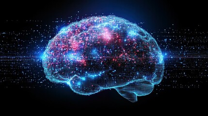 A brain made of blue and red dots. The brain is surrounded by a blue and red background