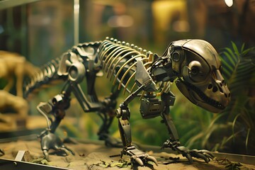 A metallic robotic dinosaur skeleton model is showcased in a museum display case. Its intricate design and pose are captivating, blending technology with paleontology.