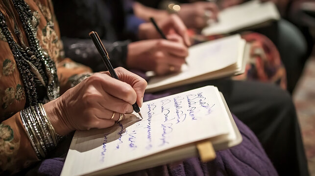 Closeup of hands diligently writing in notebooks, showcasing a focused group activity.  Ideal for concepts of learning, collaboration, journaling, or workshops.  Authentic and intimate style.