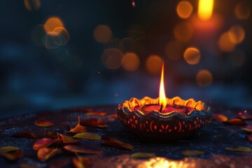 Diwali celebration with clay diya candle on dark background.