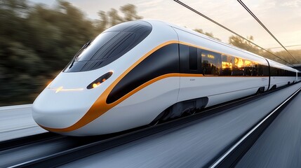 Fototapeta premium High-speed train traveling at sunset.