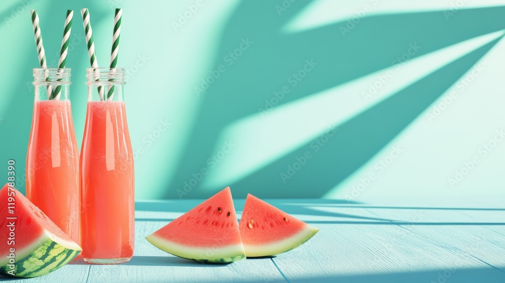 Poster two bottles of refreshing watermelon juice with striped straws resting beside fresh watermelon slice