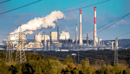 Obraz premium Stunning wide shot of a large industrial power plant emitting smoke against a clear blue sky. High-voltage power lines crisscross the landscape, showcasing energy infrastructure.