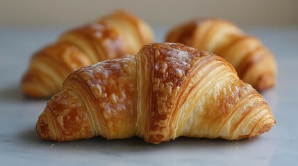 A close up of a croissant with powdered sugar on top. The croissant is sitting on a marble countertop