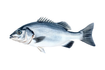 Fototapeta premium Silver sea bass fish isolated on white transparent background, showcasing its shiny scales and natural texture.