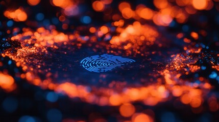 A close up of a fingerprint with a blue dot in the middle. The image has a surreal and abstract feel to it, with the fingerprint and blue dot appearing to be floating in a chaotic