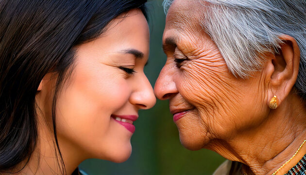 Close-up of a young woman and an elderly woman gently touching foreheads.  A tender moment showcasing generational connection and love.