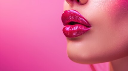 Naklejka premium Close-up of luscious red lips with shiny lipstick against a pink background