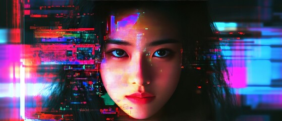 Beauty surrounded by digital chaos with glitch static and vibrant colors