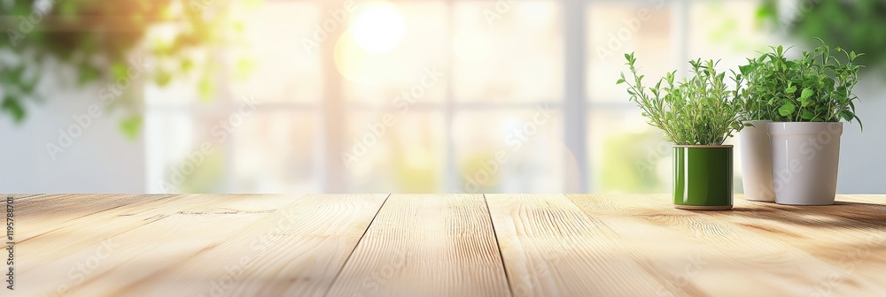 Aufkleber empty wooden table showcasing potted herbs, basking in the warm glow of morning sunlight streaming t