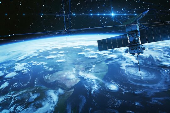 A satellite in Earths orbit observes a swirling weather system below. Stars and constellations are visible in the dark expanse of space. The image showcases advanced technology monitoring our planet.
