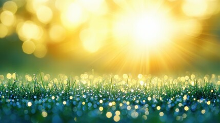 Obraz premium A field of grass with a bright sun shining on it. The sun is casting a warm glow on the grass, making it look like a peaceful and serene scene