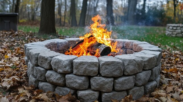 A fire is burning in a brick fire pit. The fire is surrounded by leaves and the fire pit is surrounded by a brick wall