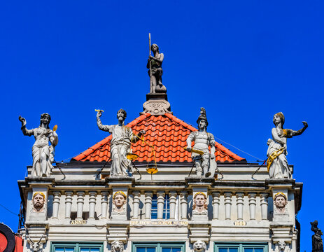 Colorful Artus Court statues, Gdansk, Poland. Court built in 1617 rebuilt 1991. City formerly known as Danzig, square established 1331, buildings 1600's.