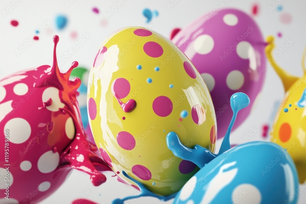 Poster 3d render of colorful easter eggs with polka dots, splashes of paint in the air, white background, c