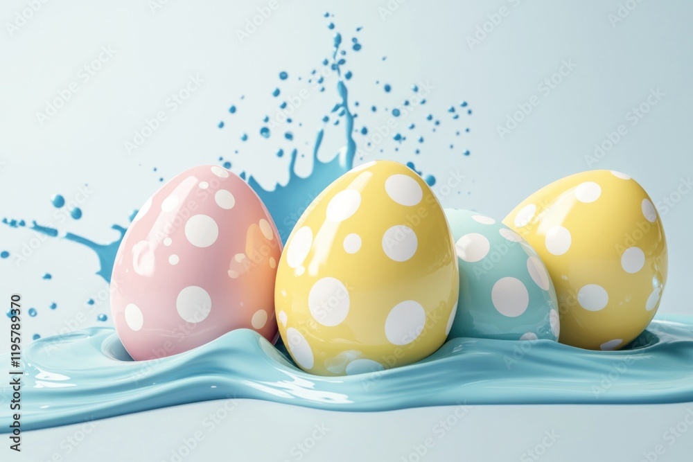 Poster 3d render of glossy easter eggs with polka dots on a blue background and a water splash, an easter c