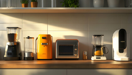 Rendering of various small kitchen appliances including toaster, blender, and coffee maker, kitchen, appliances, small.