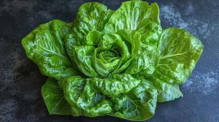 A large green head of lettuce sits on a dark countertop. The lettuce is fresh and crisp, with a bright green color that contrasts with the dark surface. Concept of health and vitality