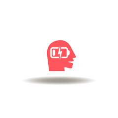 Fototapeta premium Vector illustration of head with low battery. Symbol of overwork and burnout. Icon of tired person, fatigue. Pictogram of worker low energy.