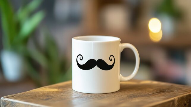 White mug with a black mustache design on a wooden table.