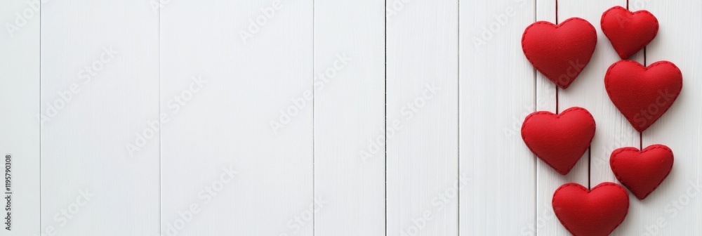 Poster red fabric hearts hanging from a string create a romantic atmosphere on a white wooden background, p