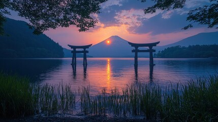 Serene Sunset at Lake Ashi with Iconic Torii Gates and Mount Fuji