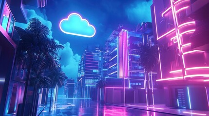 Neon city street at night with glowing cloud symbol.