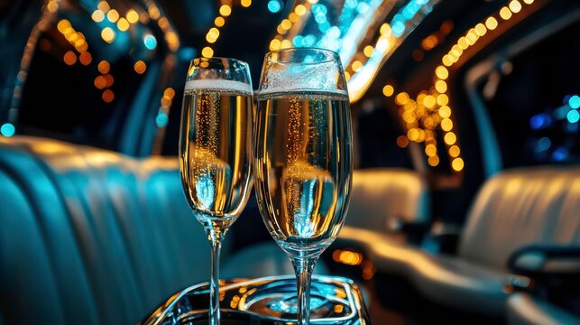 Two champagne flutes filled with sparkling wine sit on a tray inside a limousine at night.