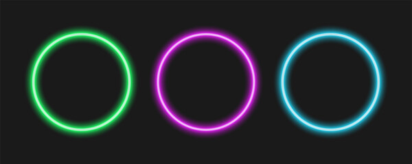 Modern neon light circles. Three vibrant neon circle frames on dark backdrop. Green pink blue glowing circular frames. Element for design