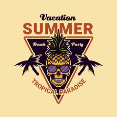 Skull pineapple cartoon character, summer theme vector emblem in colored style on light background