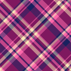 Vibrant pink, purple, and cream plaid pattern.  Perfect for fashion, textile design, or website backgrounds.  Stylish diagonal lines create a dynamic and modern feel.