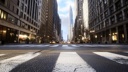 NYC street, skyscrapers, morning traffic, sunlight
