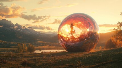 Sunset reflecting on a large sphere in a serene landscape.