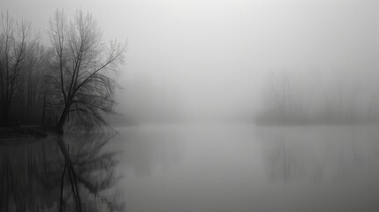 Fototapeta premium A serene black and white image of a foggy lake with the silhouette of a bare tree