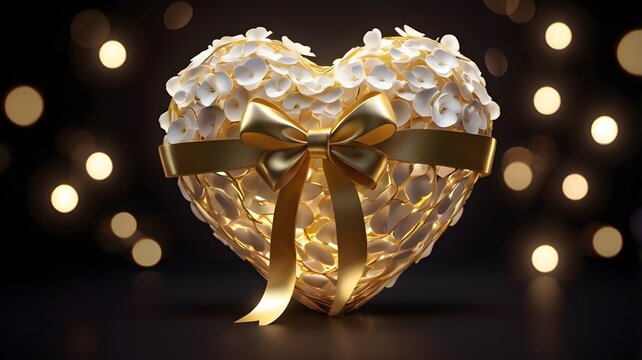 a large golden heart with a ribbon tied around