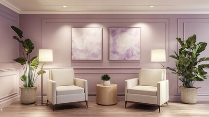 Elegant waiting area with lavender walls, white armchairs, and artwork.