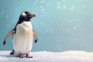 Fototapeta premium Gentoo penguin standing on snow while snowflakes are falling with a blue background