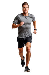 Full body portrait of a runner wearing gray t-shirt and black shorts isolated on transparent background