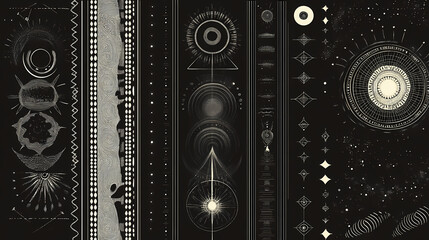 Minimal symbols interspersed with crossing dashed lines and spirals, repetitive pattern. Dewshade. Illustration