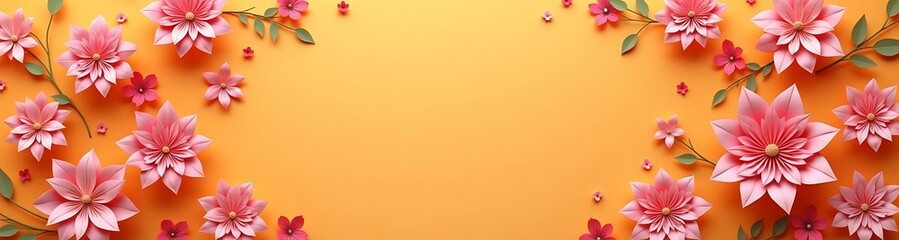 Naklejka premium paper flowers, orange background, floral frame, wedding