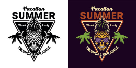 Skull pineapple cartoon character, summer theme vector emblem in two styles, black on white and colorful