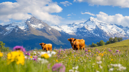 Fototapeta premium Cattle grazing in a vibrant meadow with snow-capped mountains in the background