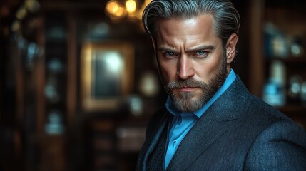 A man with a beard and a blue shirt is standing in front of a dark background. He looks serious and focused