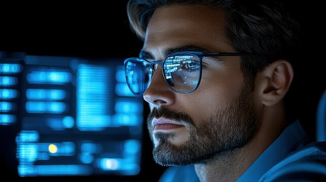A man wearing glasses is looking at a computer screen. Concept of focus and concentration as the man stares intently at the screen. The blue color of the glasses - Powered by Adobe