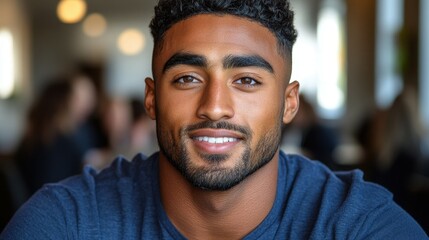 A man with a beard and a smile is sitting at a table. He is wearing a blue shirt