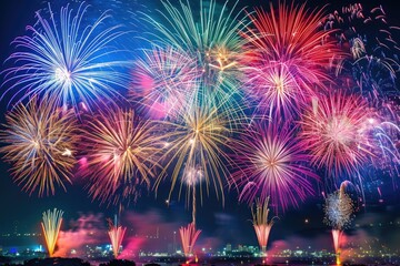 Colorful fireworks light up night sky.