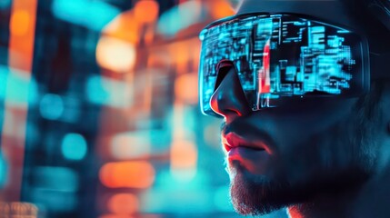 Man wearing futuristic glasses displaying digital data, neon city background.